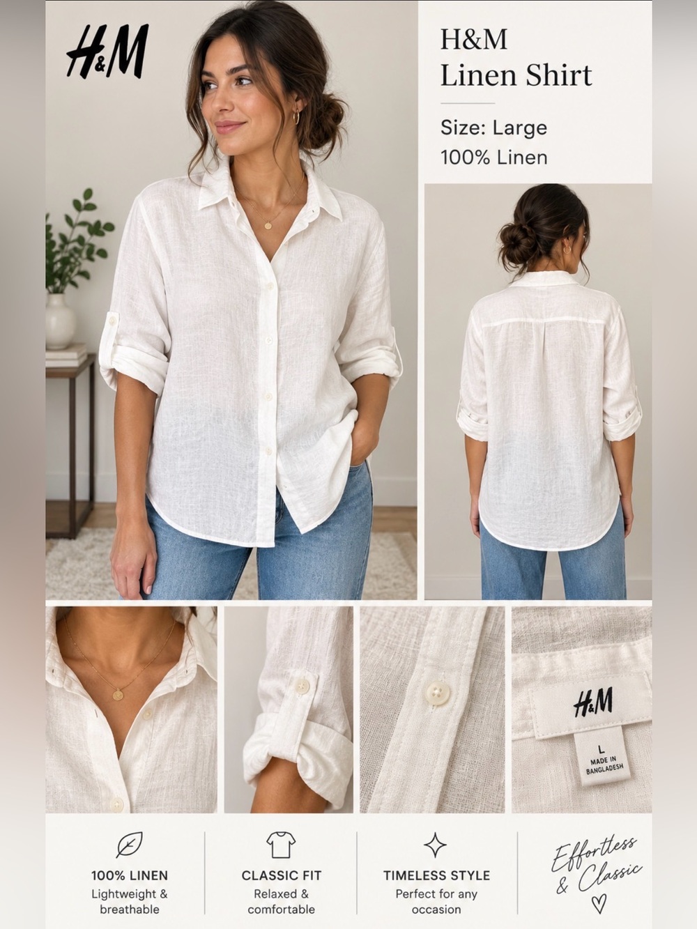 NWOT Linen H&M White Long-Sleeve Button-Up Shirt